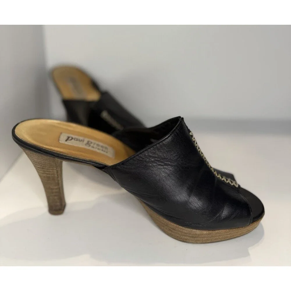 Paul Green Munchen Womens Sandals Mules Black Leather Slide Peep Toe Clogs 5.5